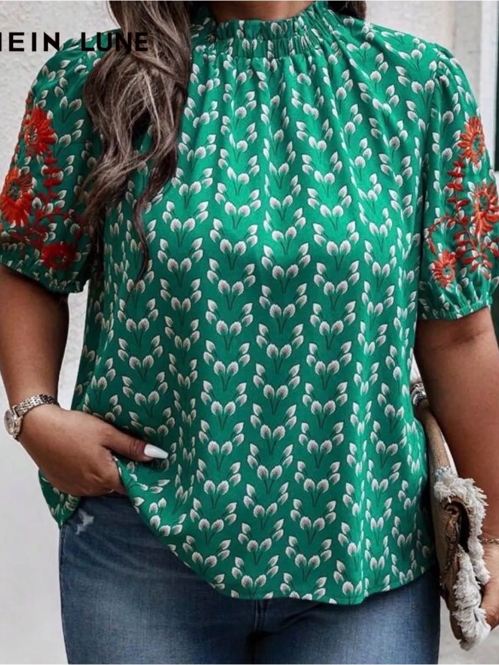 SHEIN Green Printed Short Sleeve Blouse with Orange Embroidered Sleeves